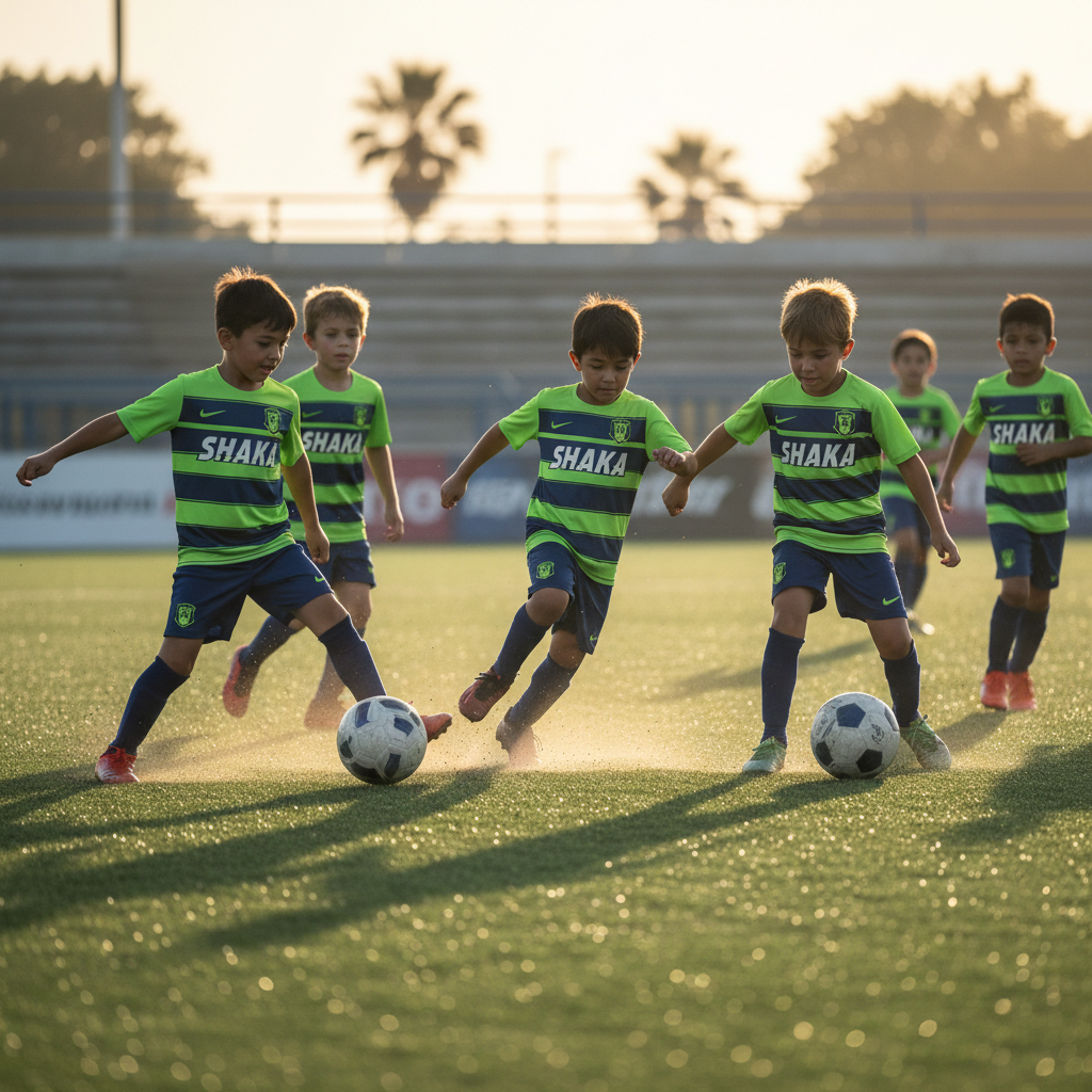 Soccer cleat striking ball on wet turf under stadium lights