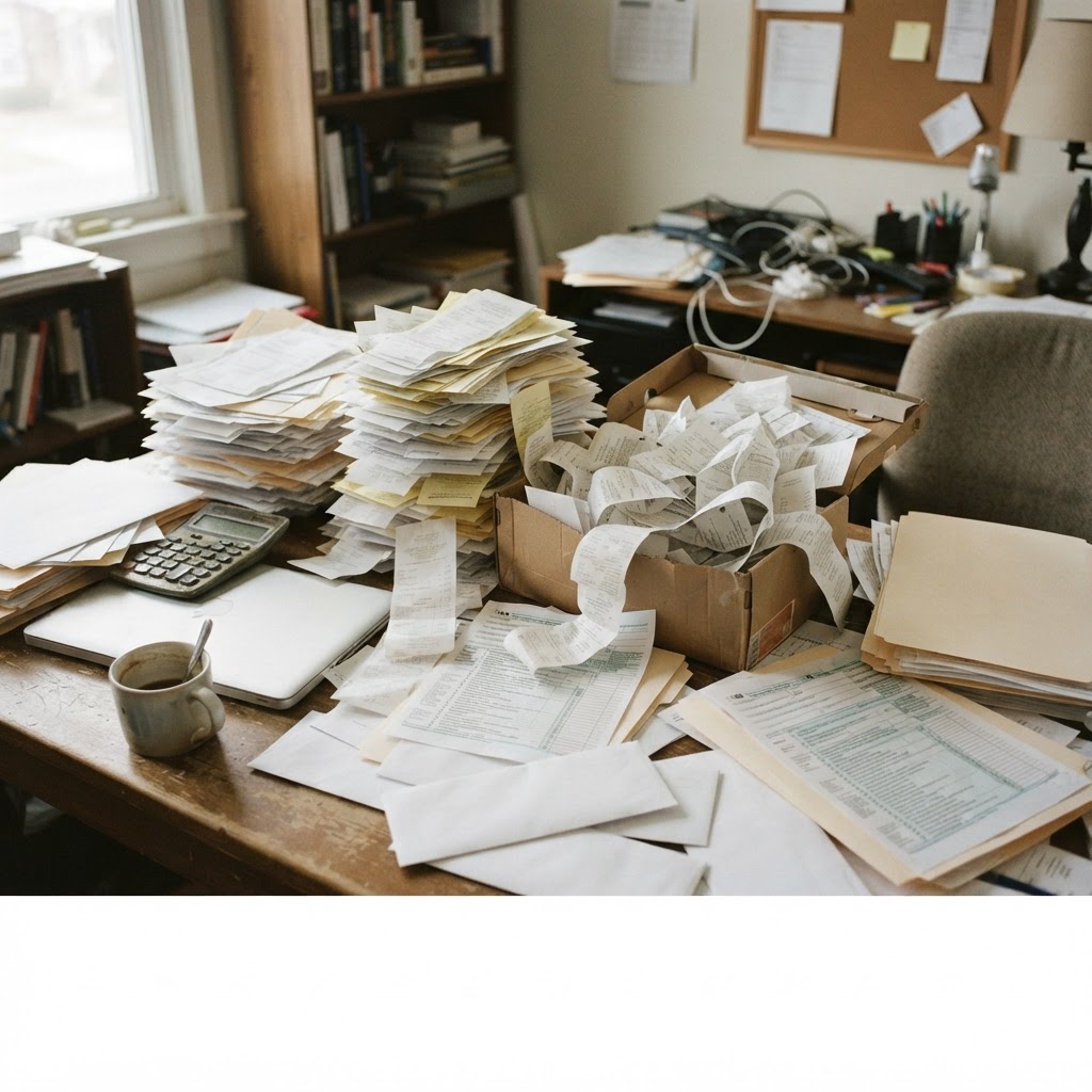 A desk buried in receipts, paperwork, and tax documents