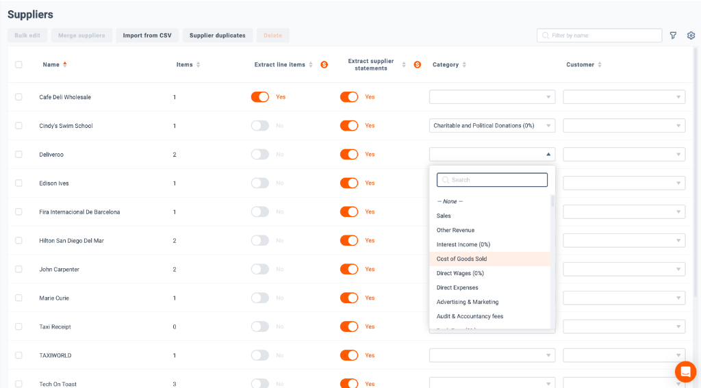 Dext supplier list showing automated categorisation rules per supplier
