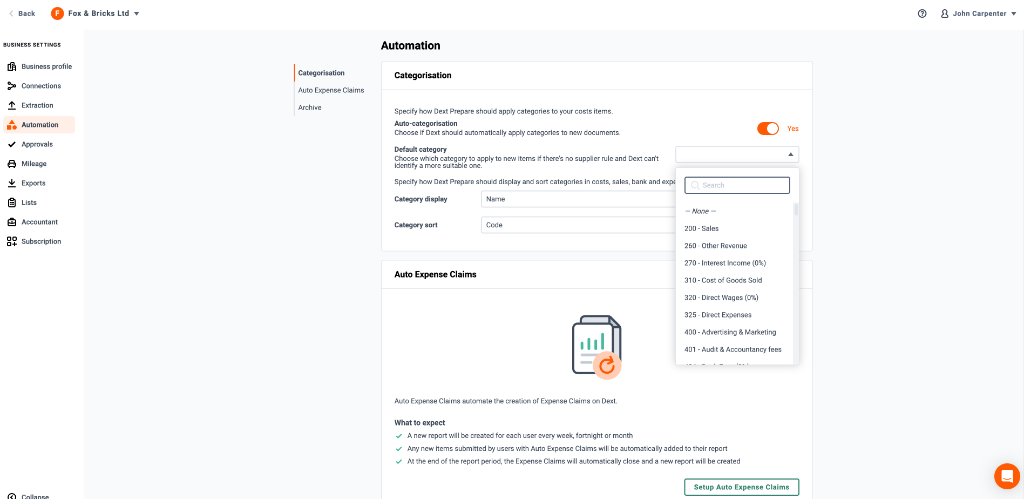 Dext automation settings showing auto-categorisation toggled on with Xero cost codes