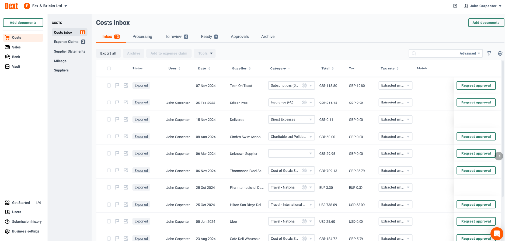 Dext costs inbox showing transactions automatically categorised and exported to Xero
