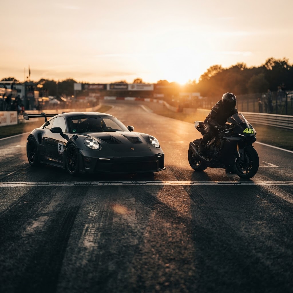 Voiture et moto de sport filmées sur circuit