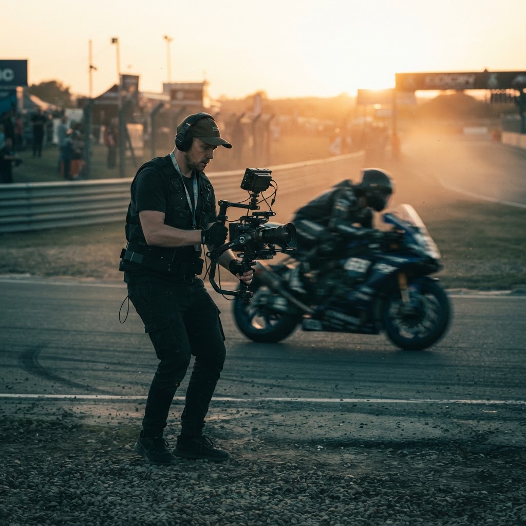 Cadreur filmant une moto sur circuit