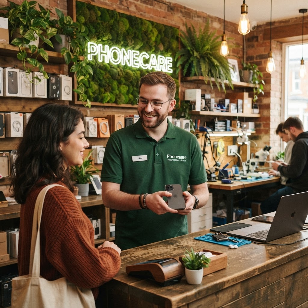 Kunde übergibt sein iPhone am Servicecounter von Phonecare in Köln