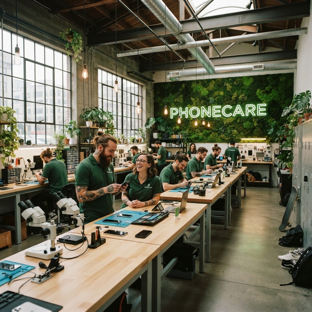 Das Phonecare-Team in der großen Werkstatt in Köln – junge Techniker reparieren iPhones