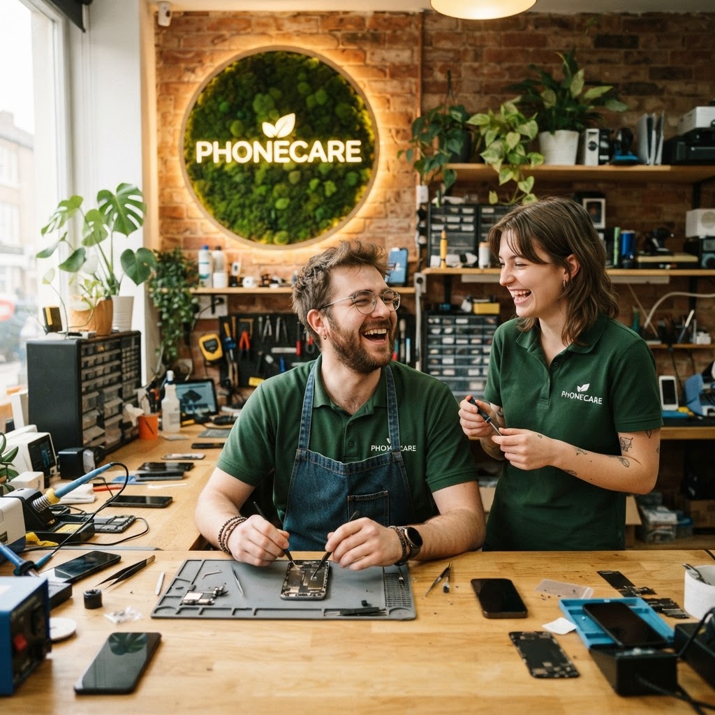 Zwei Phonecare-Techniker bei der Arbeit in der Werkstatt am Salierring in Köln