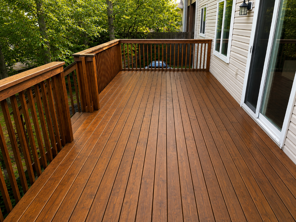 Deck staining in Toronto — freshly stained backyard deck with rich wood finish by NorthHue Coatings