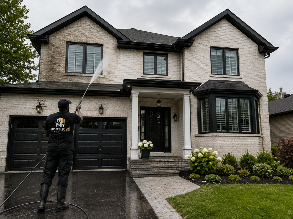 NorthHue Coatings painters applying breathable masonry coating to brick in the GTA