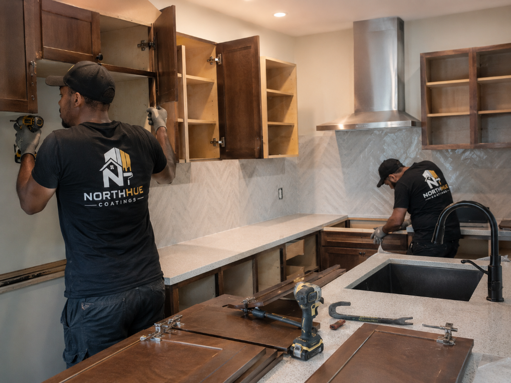 Cabinet painting in Toronto — freshly sprayed kitchen cabinets with factory-smooth finish by NorthHue Coatings