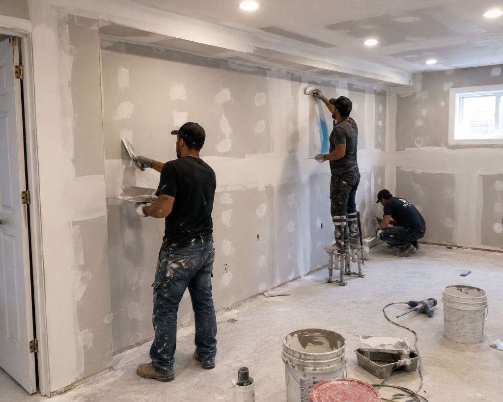 Toronto drywall repair project showing patched holes and seamless skim coat