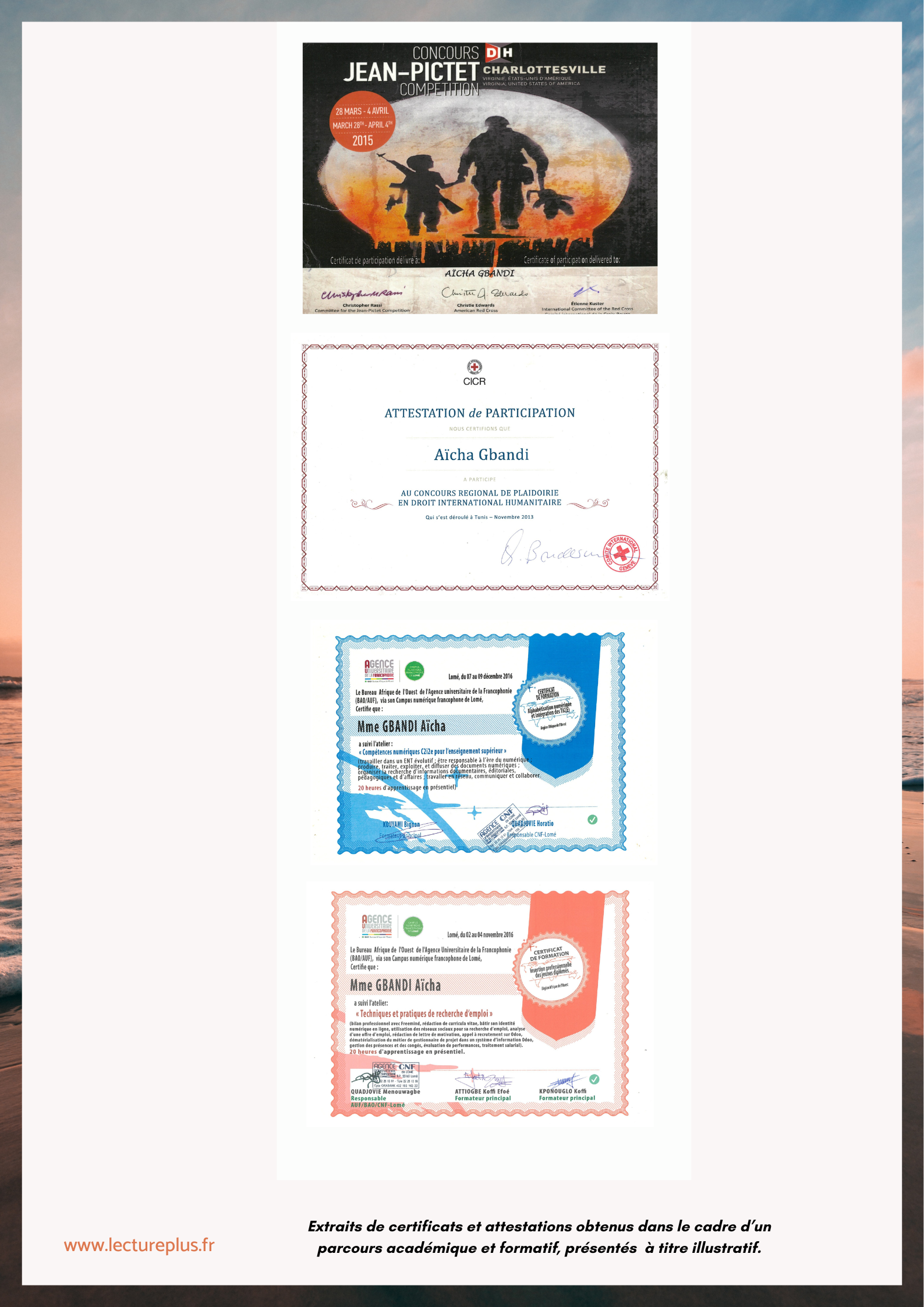 Extraits de certificats et attestations obtenus dans le cadre du parcours académique