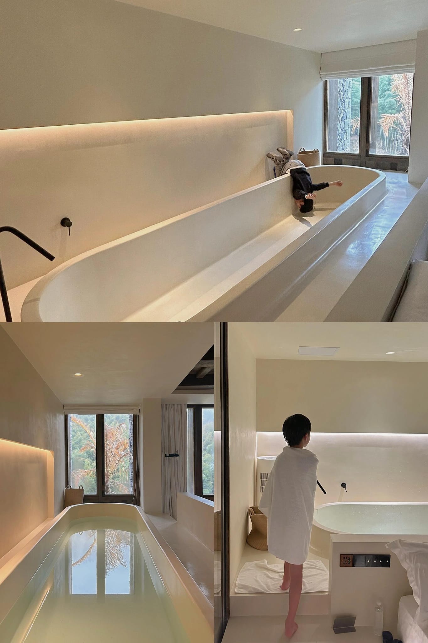 Naadloze microcement badkamer met ingebouwd bad en warme LED-verlichting
