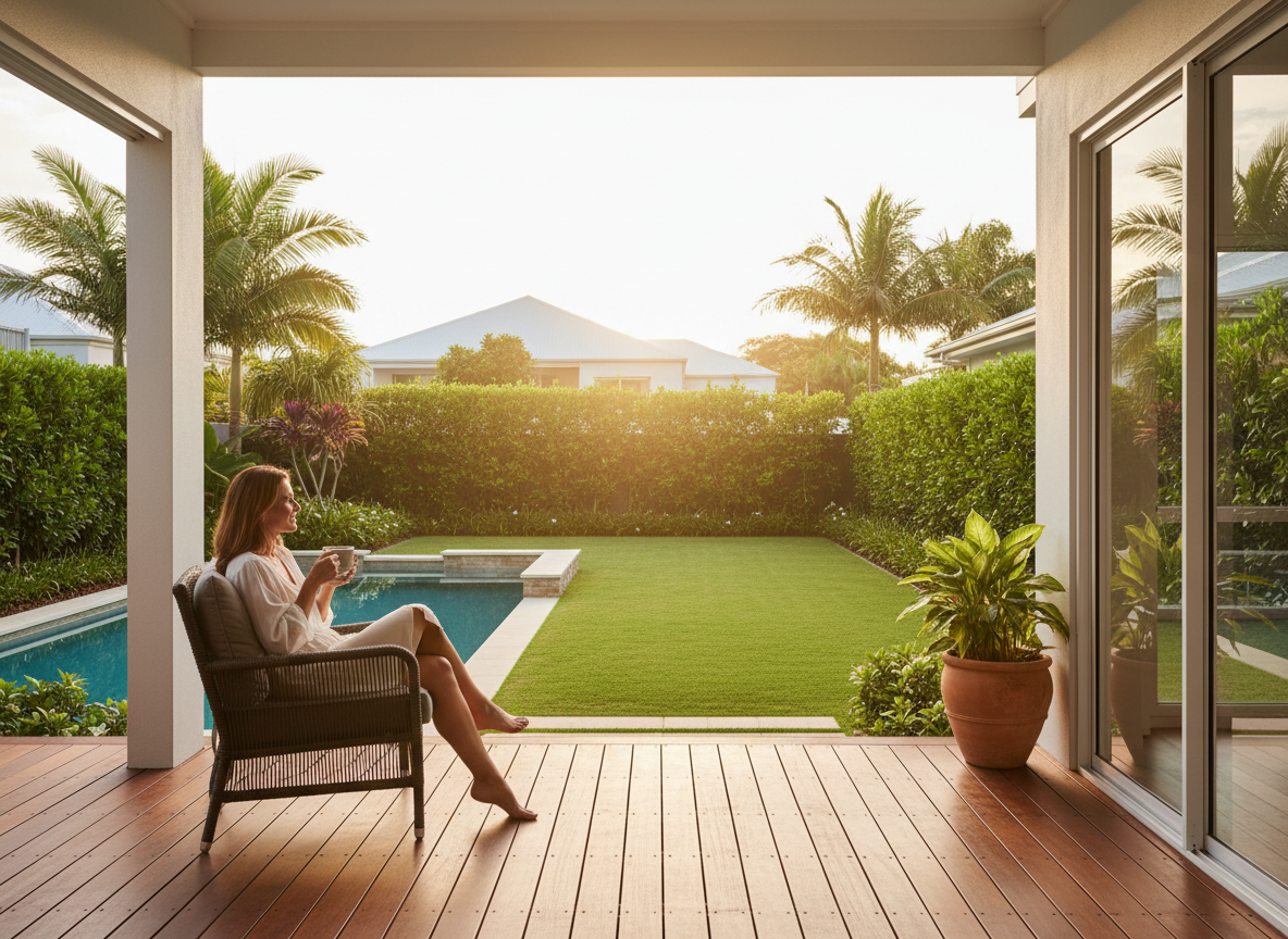 Homeowner relaxing on patio overlooking a clean sunlit yard