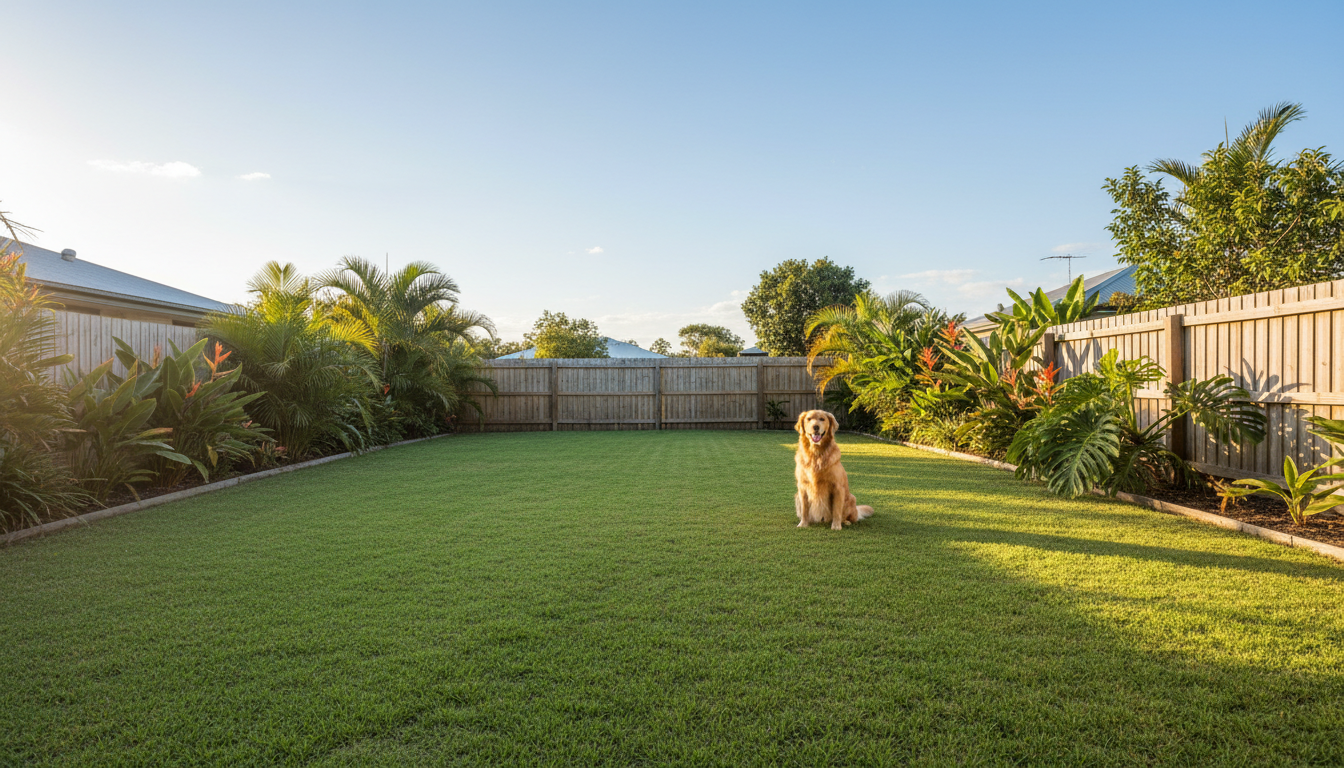 A clean, sunlit residential lawn in a Gold Coast backyard