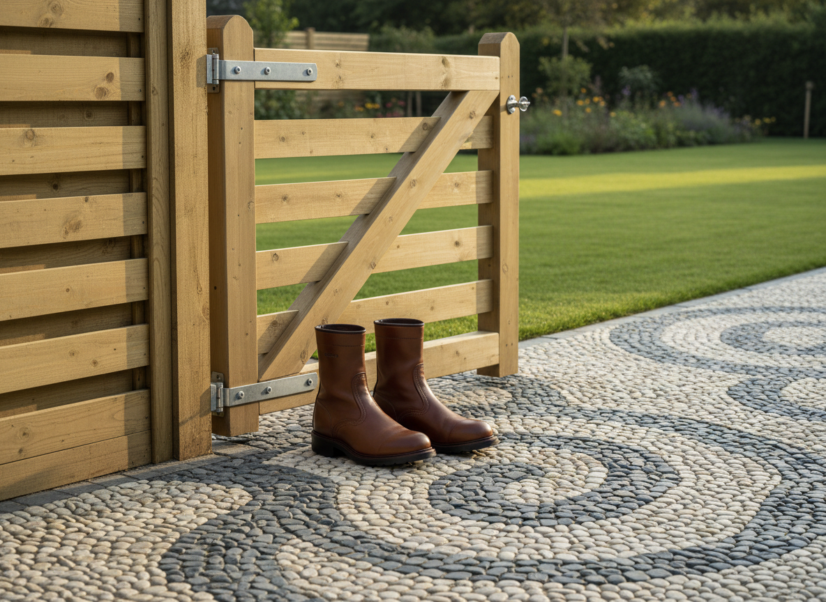 Professional work boots on a pebble path next to a garden gate