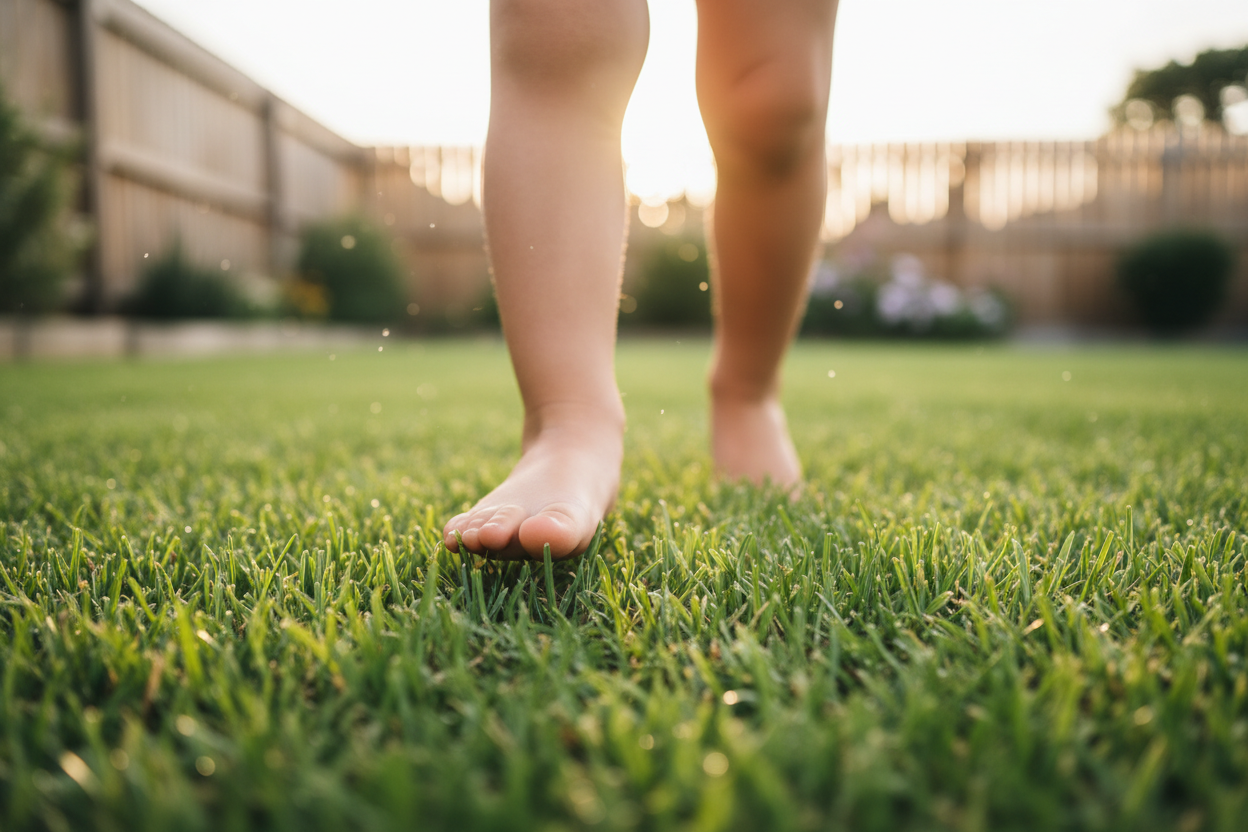 Child's bare feet on clean, healthy green grass