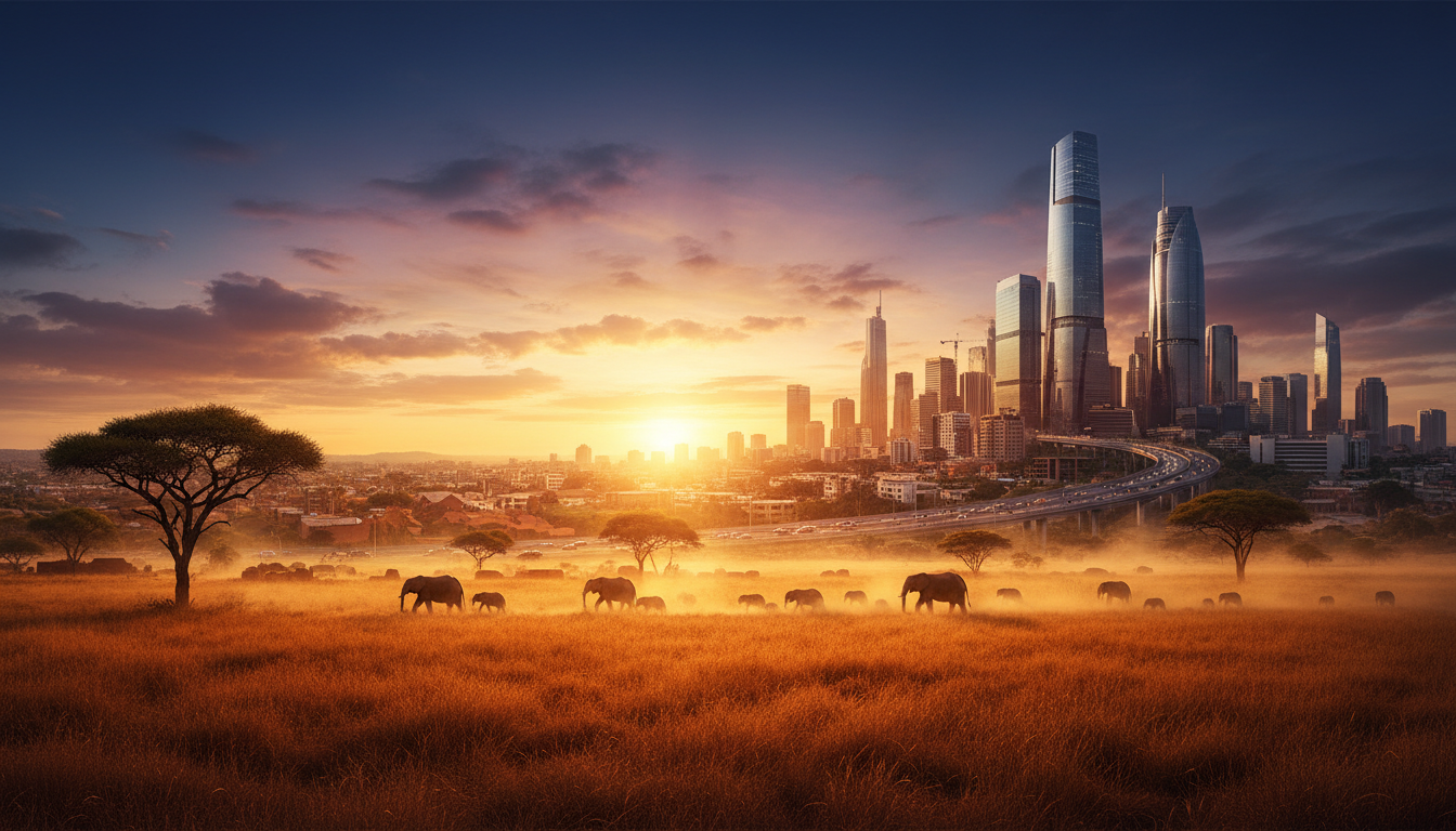 African savannah transitioning to modern cityscape representing grassroots to global journey