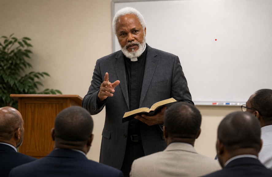 Rev. George Zorbah teaching with Bible