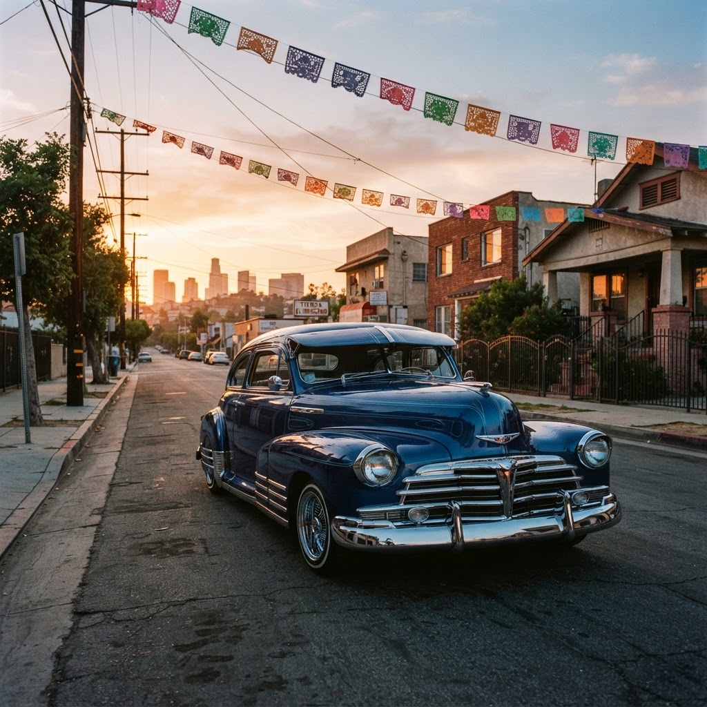 Lowrider parked on an East Los Angeles street at golden hour under papel picado banners