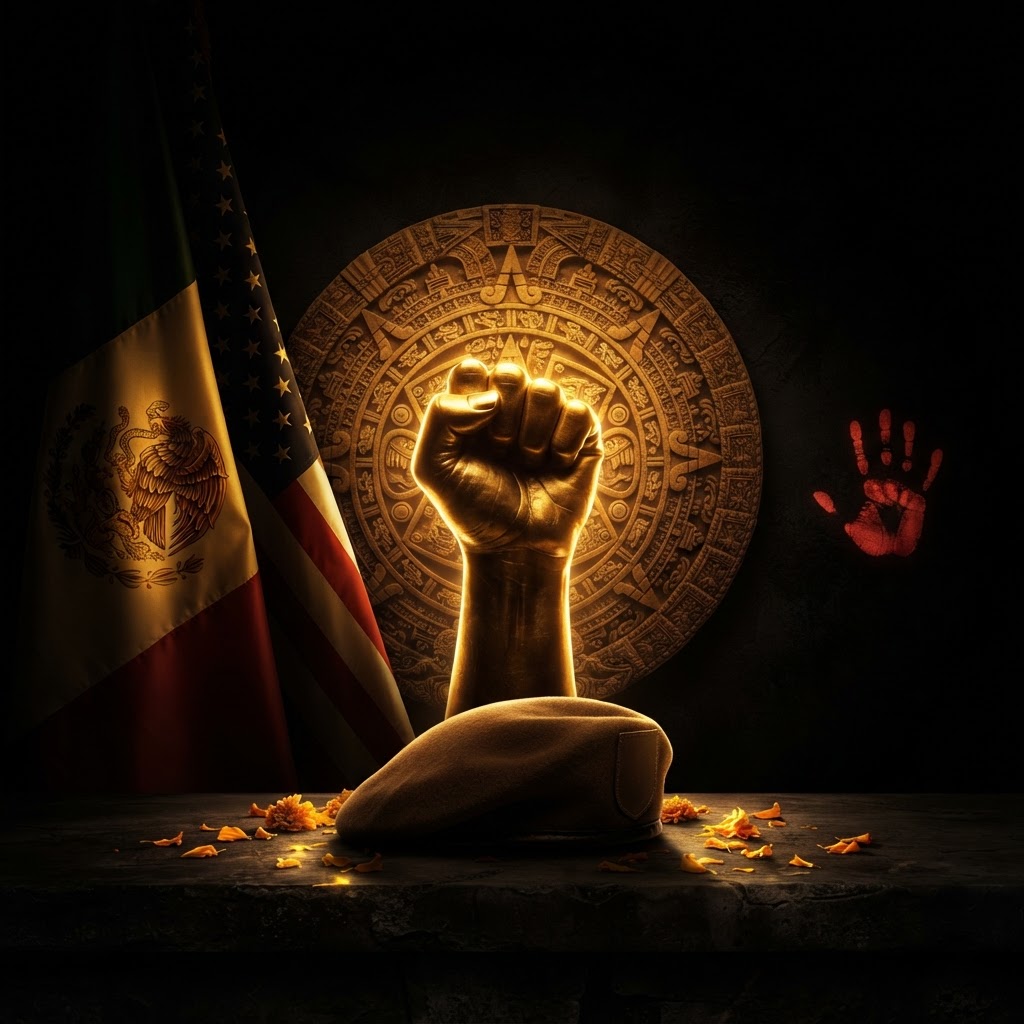 Golden raised fist of Chicano Power before a glowing Aztec calendar, with the Mexican flag, a brown beret, and a red handprint memorial