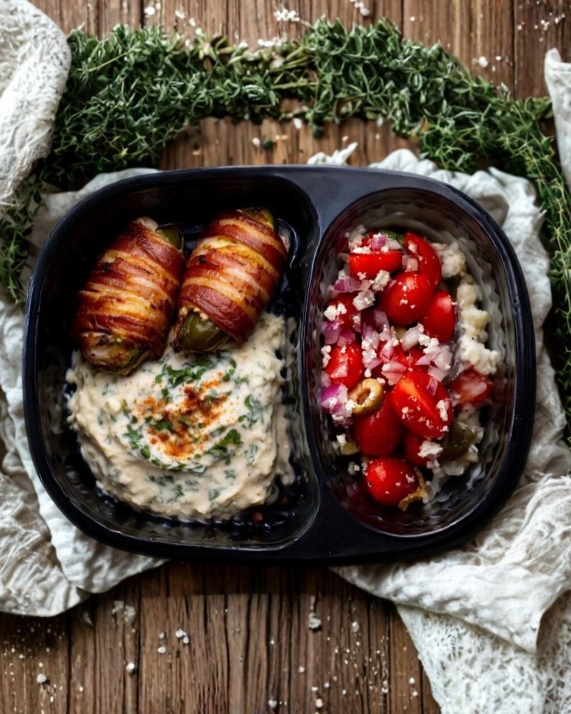 Wednesday Low carb Meal Jalapeno popper stuffed with cream cheese and cheddar wrapped in chicken and bacon served with baba gounash and salad