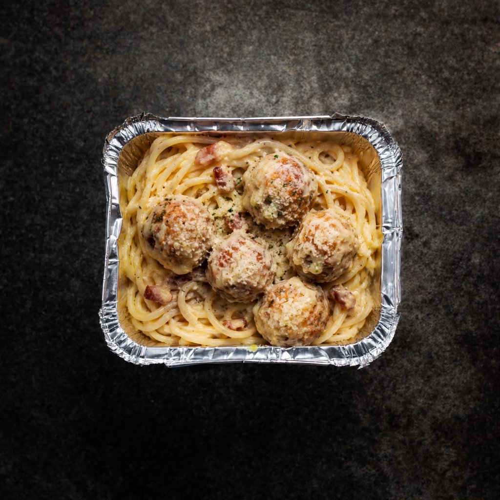 Wednesday Kiddies Creamy chicken meatballs in carbonara sauce served with spaghetti