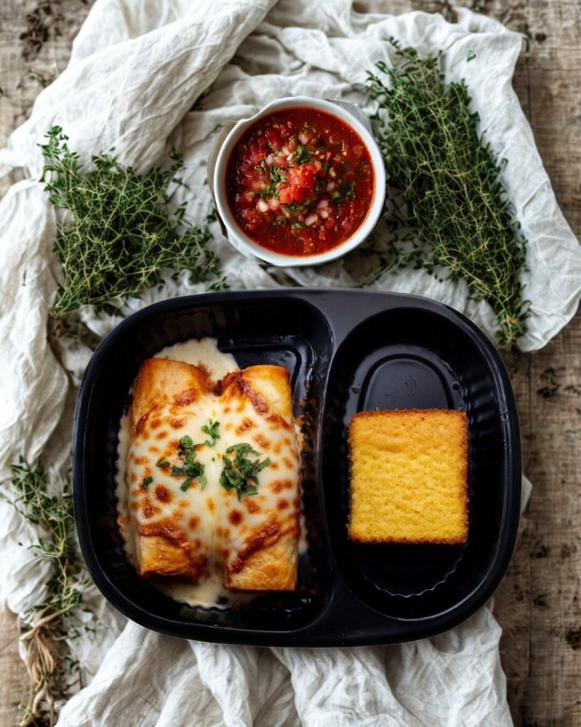 Thursday Low Budget Meal Cheesy beef enchilada with creamy white sauce served with corn bread and tomato salsa