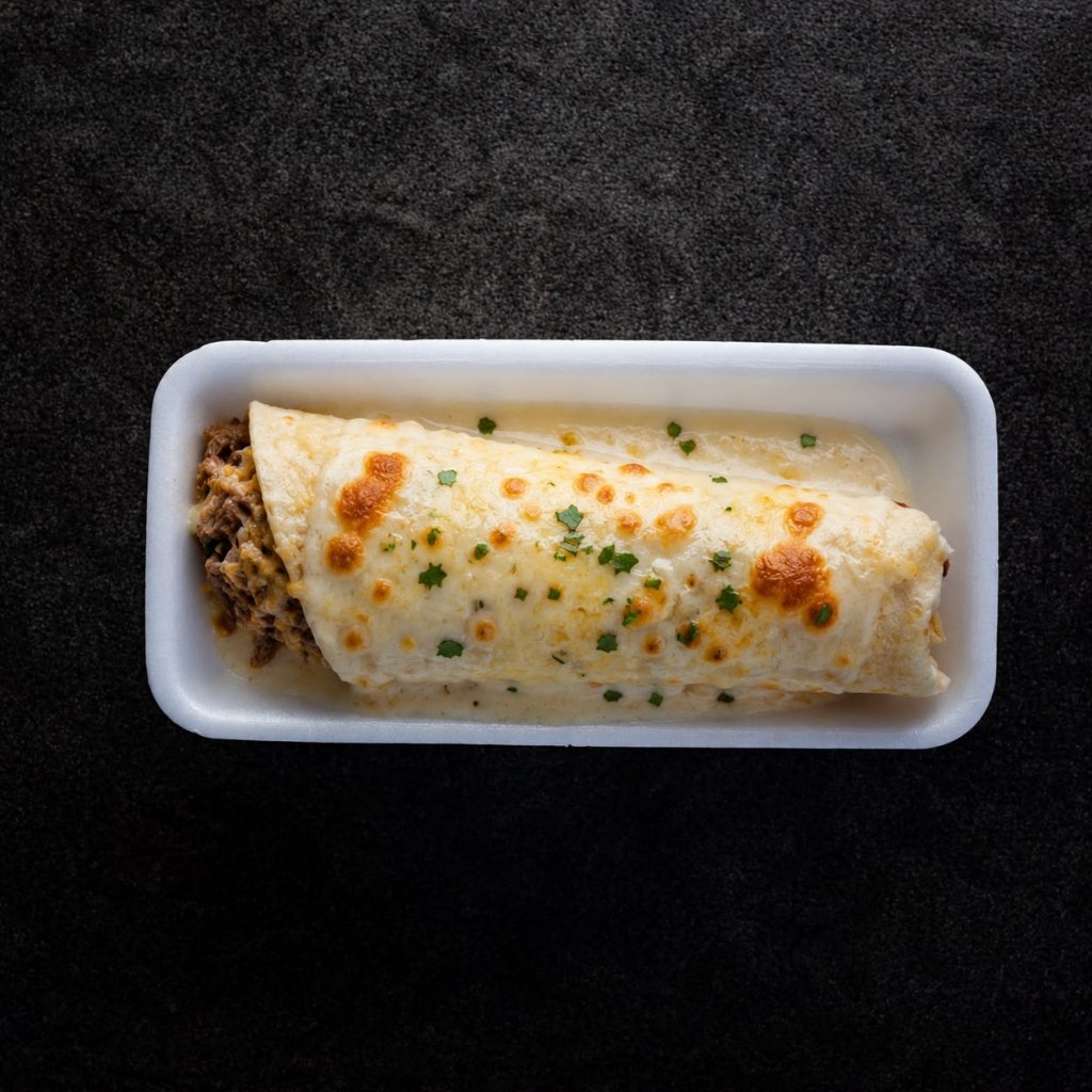 Thursday Kiddies Cheesy beef enchilada with creamy white sauce