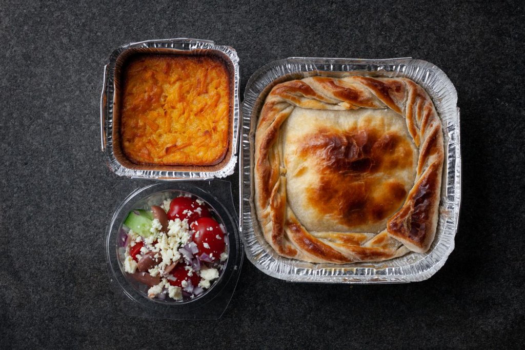 Monday Meal Chicken & mushroom pie served with pumpkin tart & salad