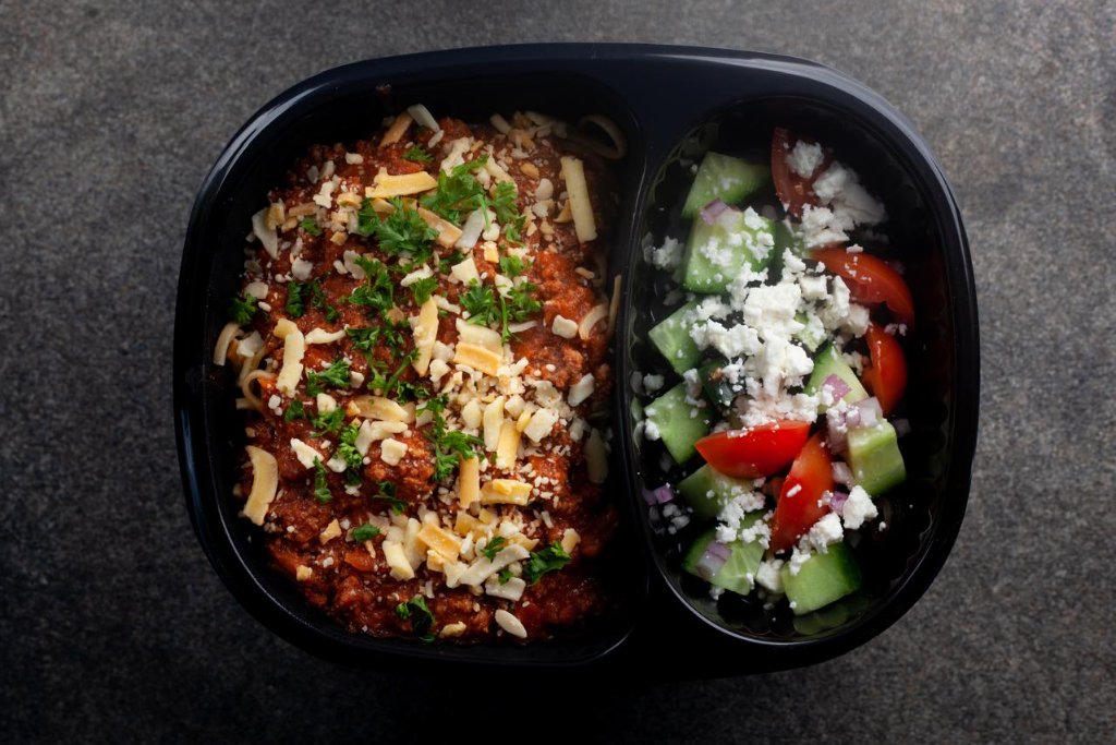 Tuesday Low carb Meal Cheesy beef Bolognese bake with cauliflower spaghetti, spinach & fresh parsley & salad