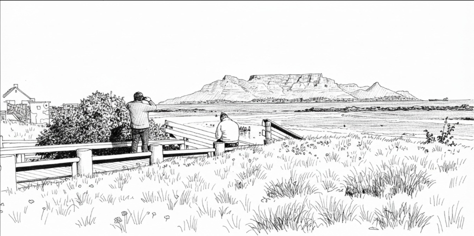 Ink sketch of boardwalk and Table Mountain view