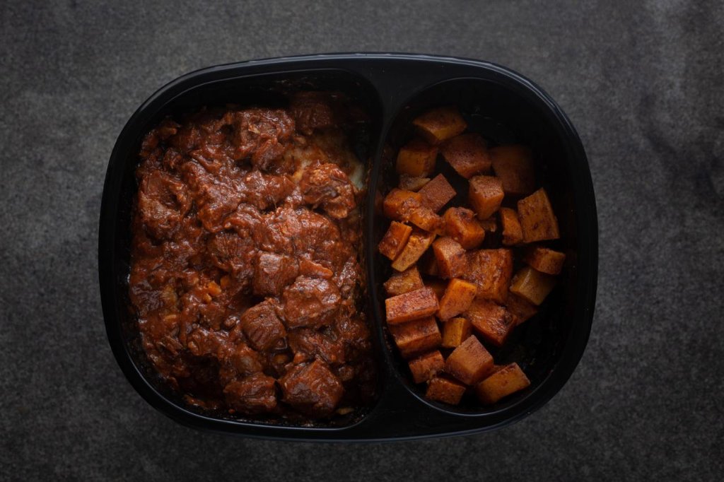 Thursday Low Carb Meal Saucy beef in a tomato, red wine, garlic sauce & cheesy sweet potato mash served with roasted butternut