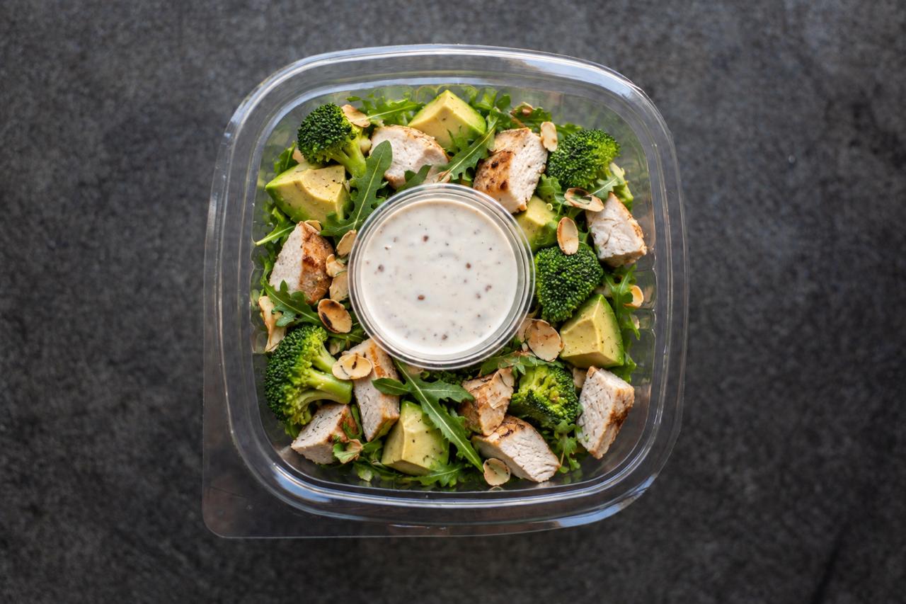 Monday Salad bowl Chicken, broccoli, avocado & rocket salad served with an almond dressing