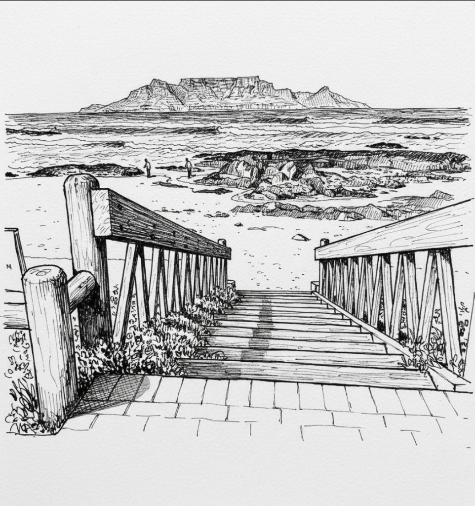 Ink sketch of staircase and beach