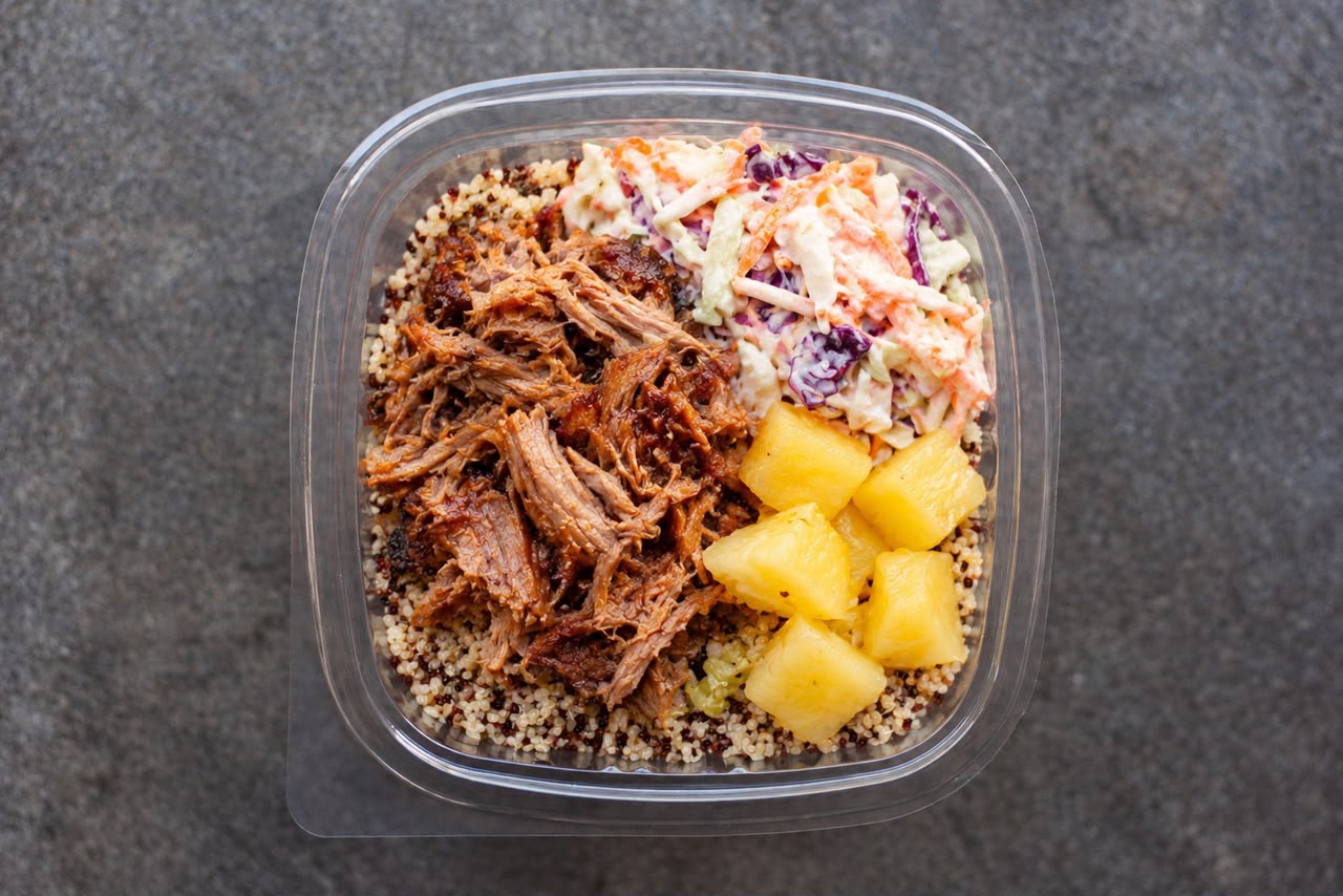 Pulled pork salad bowl Pork, coleslaw, pineapple & quinoa salad