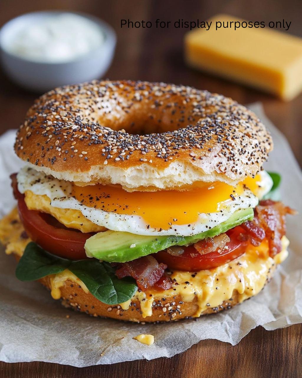 Everything bagel Bagel with cheese, baby spinach,  bacon, tomato, avocado & fried egg