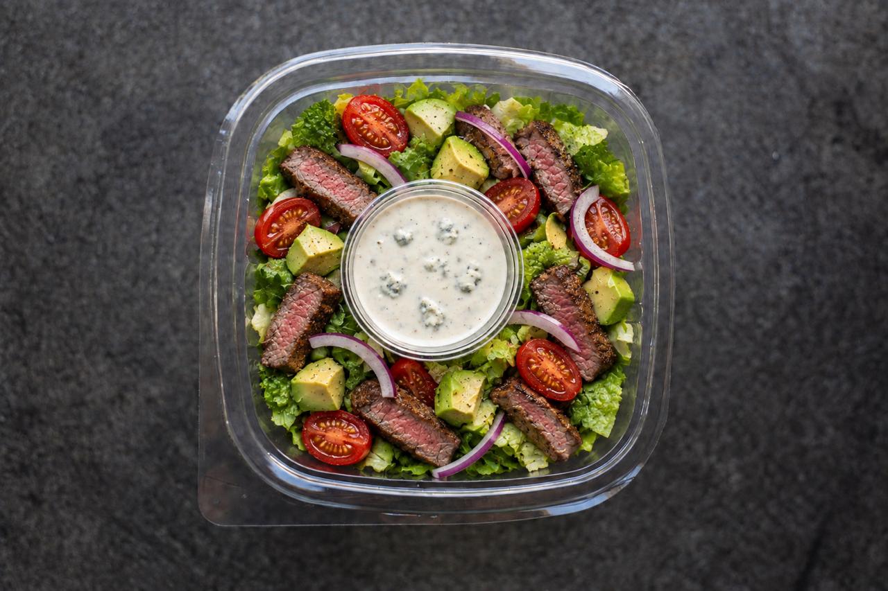 Thursday Salad bowl Beef strips, rosa tomatoes, avocado, red onion & lettuce served with a blue cheese dressing