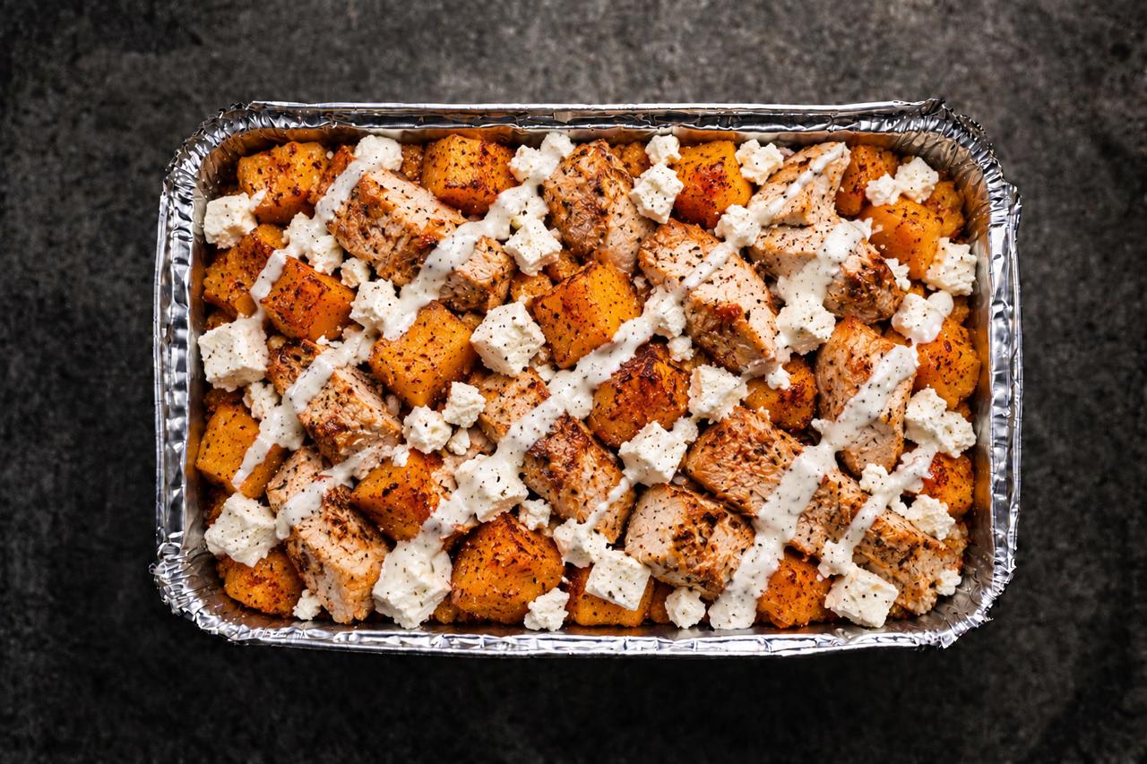 Wednesday 1kg Salad bowl Chicken, spiced butternut & feta salad served with ranch dressing