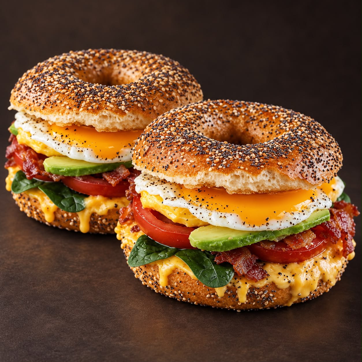 Tuesday lunch Special 2 x Everything bagel Bagel with cheese, baby spinach,  bacon, tomato, avocado & fried egg - SAVE R5
