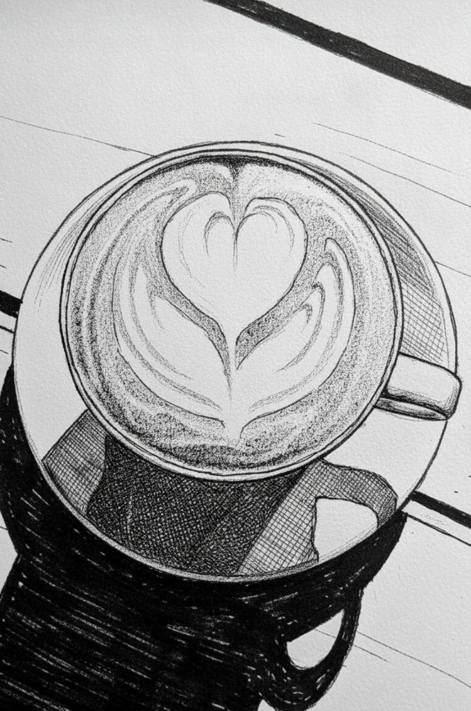 Ink sketch of latte art coffee cup