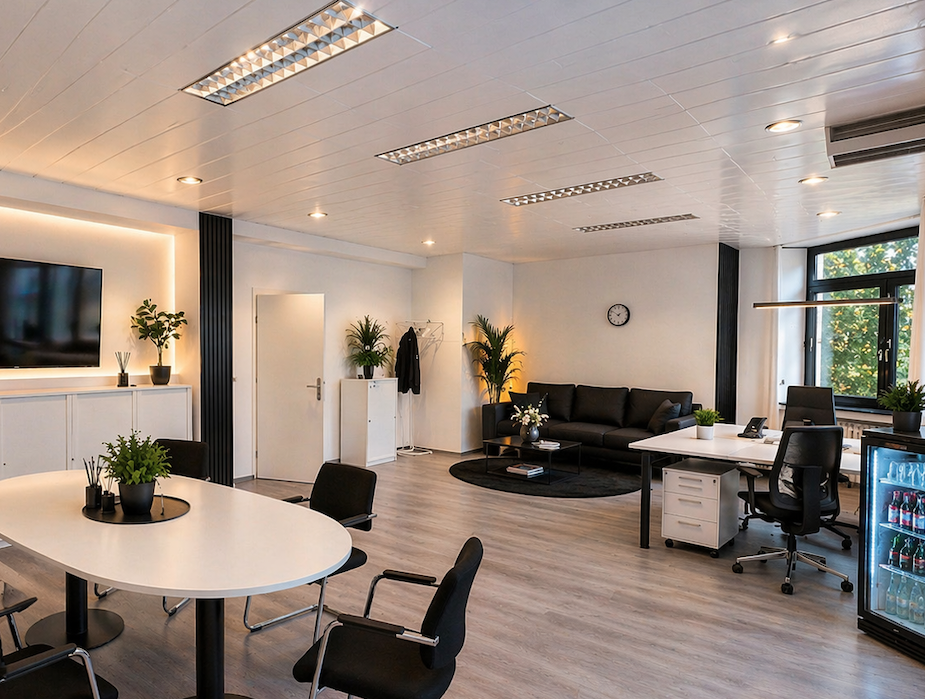 Modernes möbliertes Büro mit Konferenztisch, Lounge und Schreibtischen