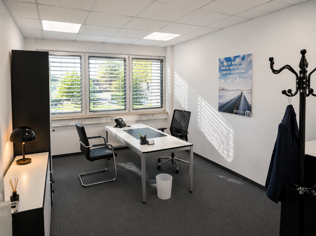 Möbliertes Einzelbüro mit Schreibtisch und Garderobe
