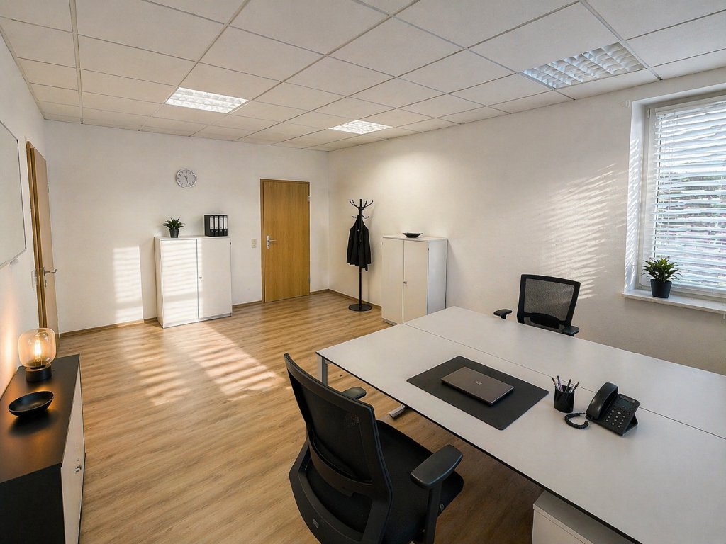 Modernes Büro mit Fensterfront und großem Schreibtisch