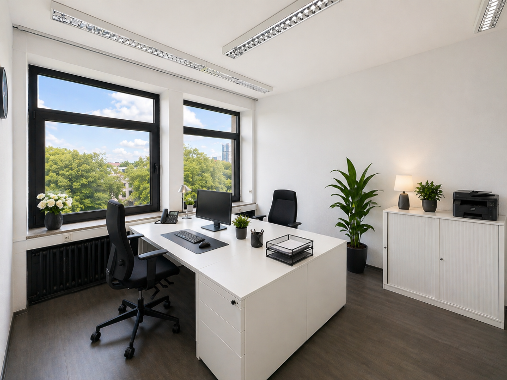 Teambüro mit Doppelschreibtisch und Whiteboard