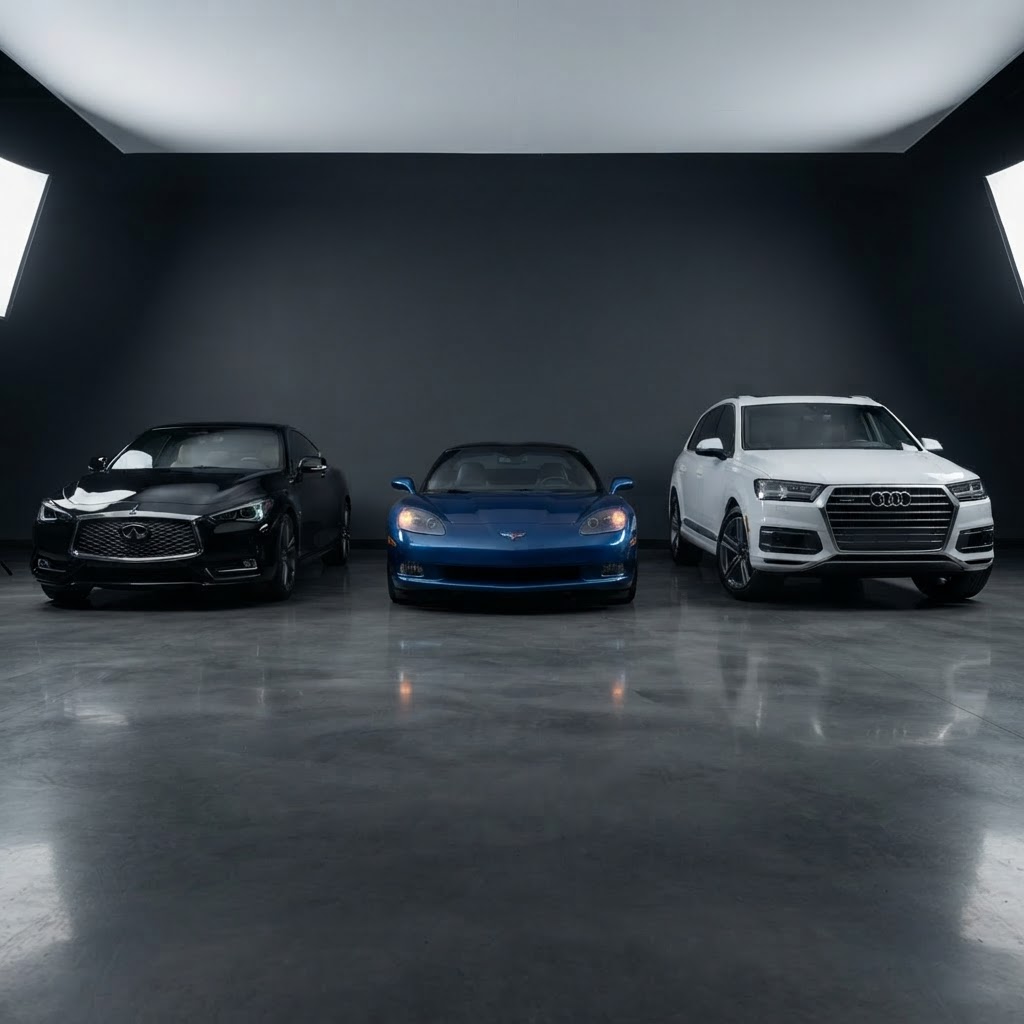 TD Automotive showroom with Corvette, Infiniti Q60, and Audi Q7