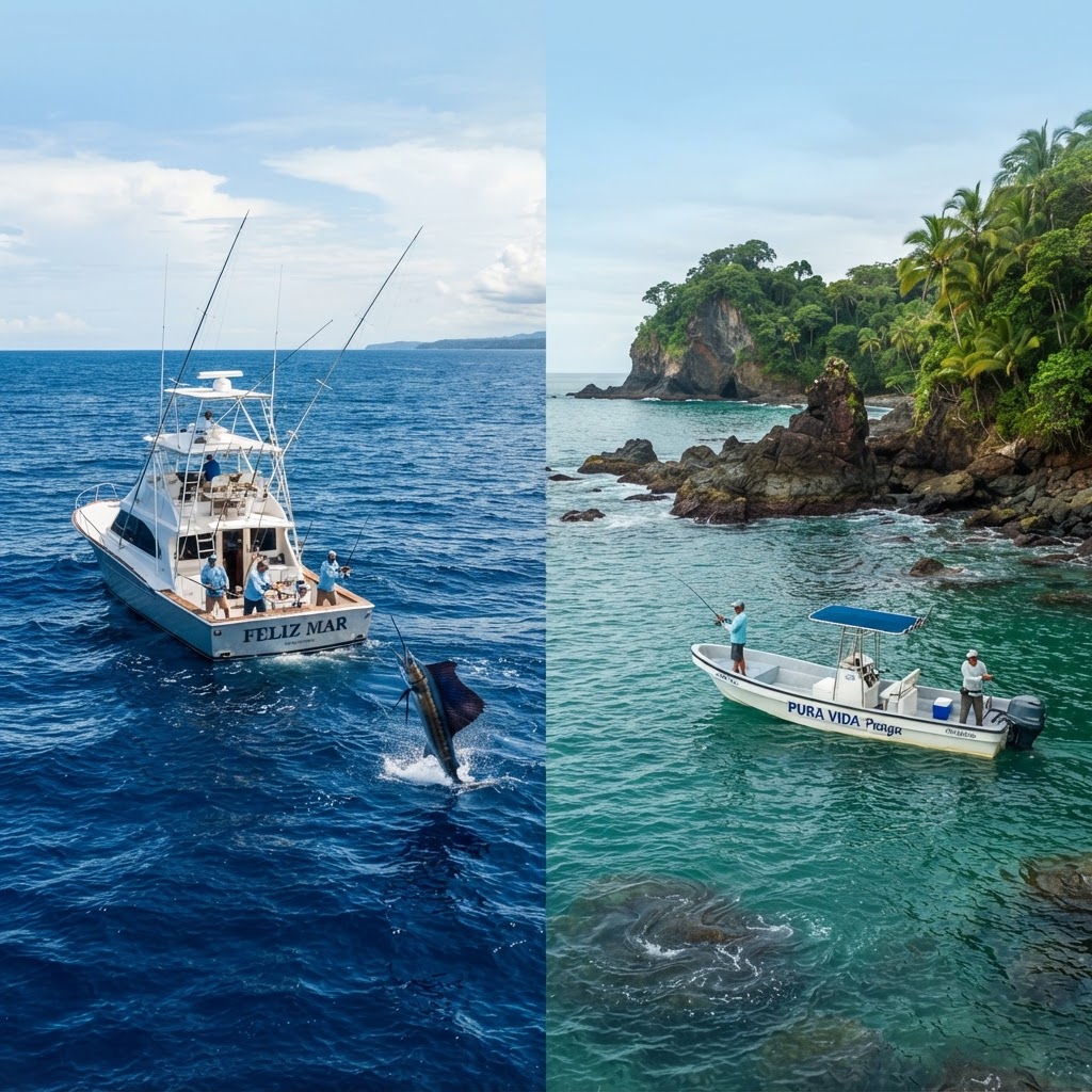 Offshore and inshore fishing boats working different waters near Quepos Costa Rica