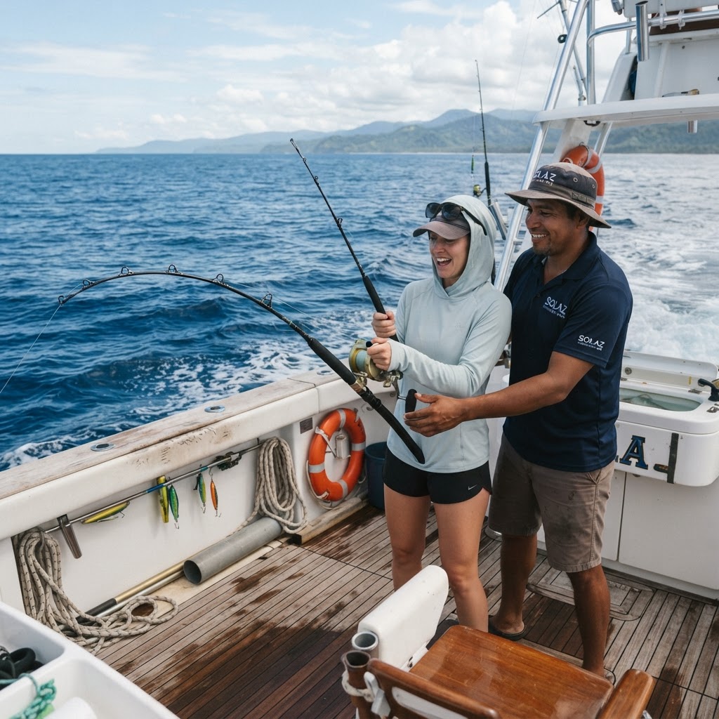 First-time deep sea angler receiving rod instruction from a professional mate