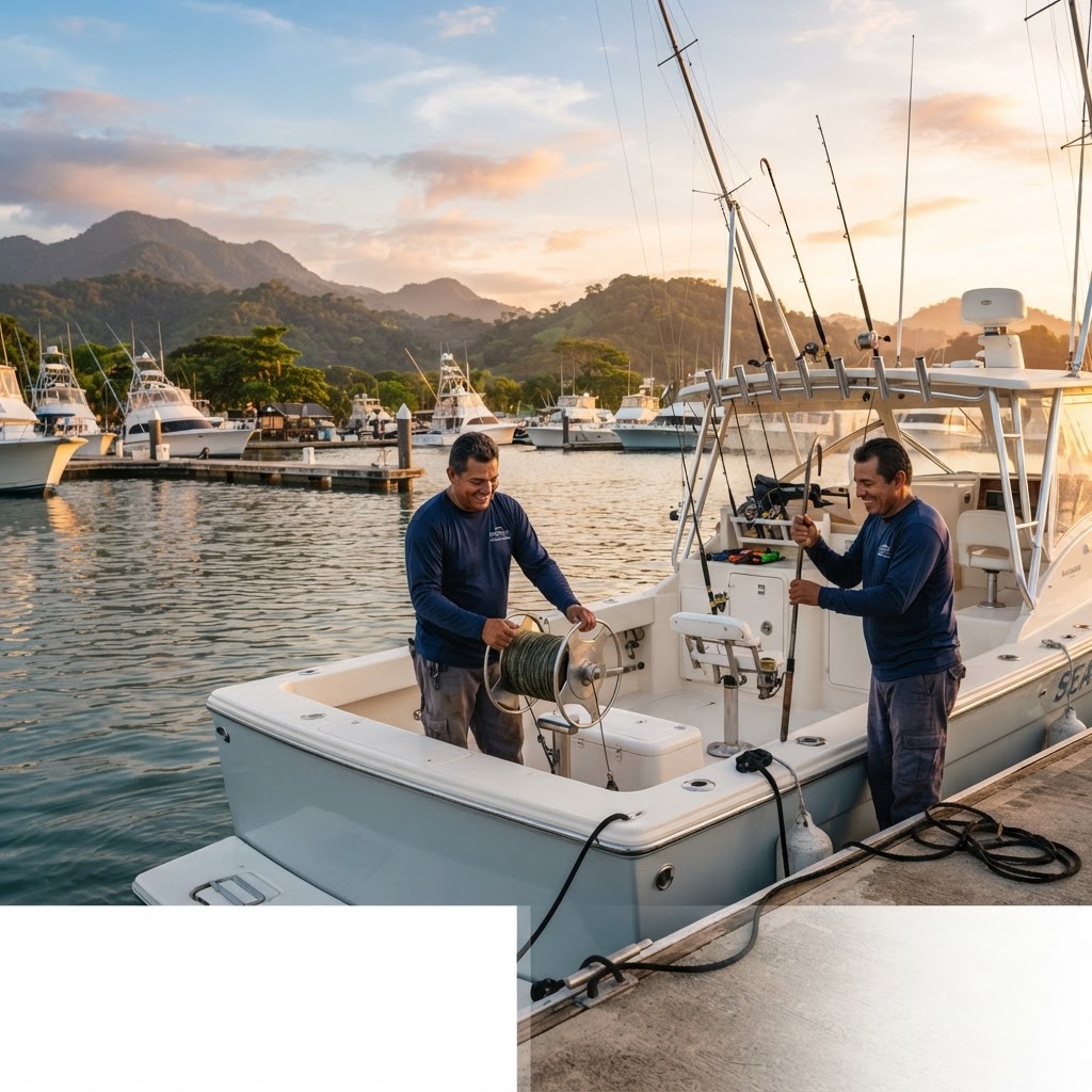 ShareFishing crew preparing a sport fishing boat at Marina Pez Vela in Quepos Costa Rica