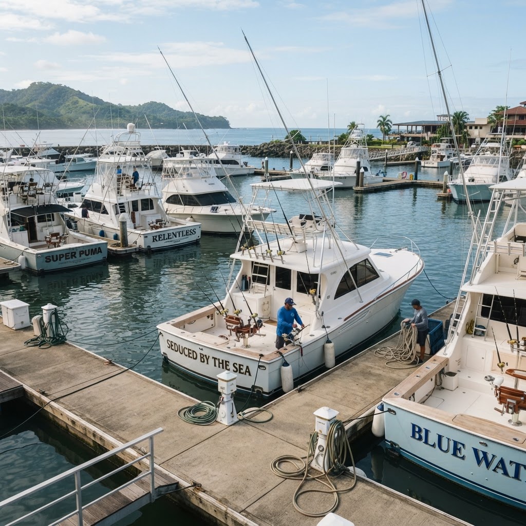 Different fishing charter boats docked at Marina Pez Vela in Quepos Costa Rica