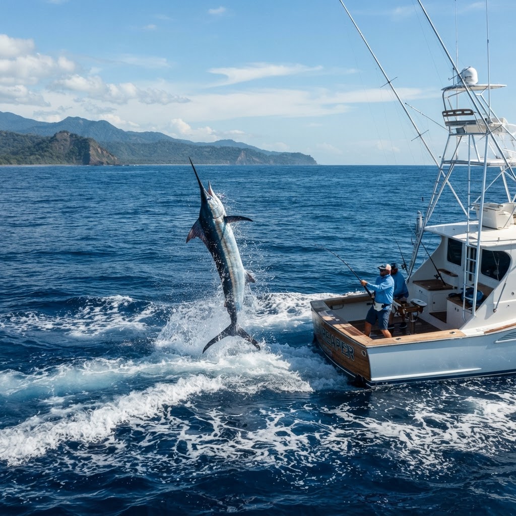 Blue marlin leaping behind an offshore sport fishing boat near Quepos Costa Rica